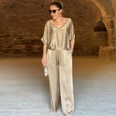 Autumn New Loose V-neck Casual Top Wide Leg Trousers Fashion Suit