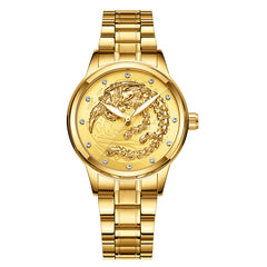 Yellow Gold Quartz Dragon And Phoenix Couple Watch Vintage Style