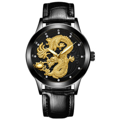 Yellow Gold Quartz Dragon And Phoenix Couple Watch Vintage Style