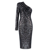 Sparkling Sequin One-Shoulder Dress With Wrapped Chest Nightclub Wear
