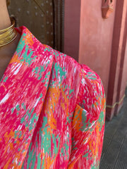 Deep V-neck Puff Sleeve Printed Belt Jumpsuit