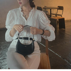 Sweet Ruffled V-neck Solid Color Top