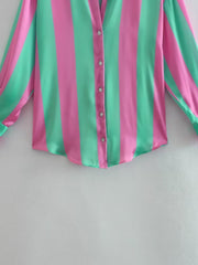 Summer European And American Style Striped Loose Printed Silk Textured Shirt For Women