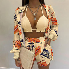 Women's Printed Beachwear Swimsuit Three Piece Set