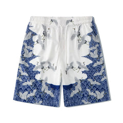 Digital Printed Crane Blue And White Loose Short Sleeve Shirt