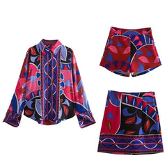 Women's Printed Loose Shirt Shorts And Skirt Set