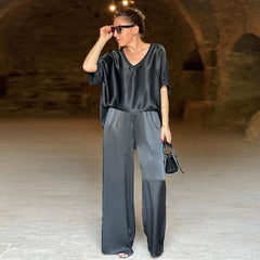 Autumn New Loose V-neck Casual Top Wide Leg Trousers Fashion Suit