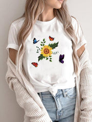 Cute Women's Flower Print Short-sleeved T-shirt
