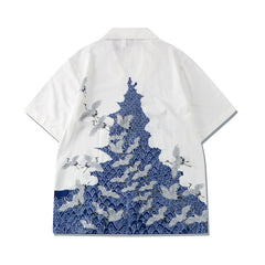 Digital Printed Crane Blue And White Loose Short Sleeve Shirt