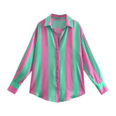 Summer European And American Style Striped Loose Printed Silk Textured Shirt For Women