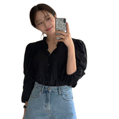 Sweet Ruffled V-neck Solid Color Top