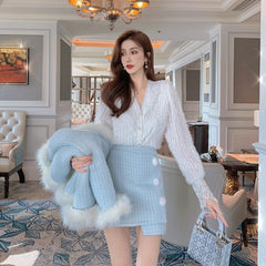 French Irregular Woolen Coat & Skirt Set For Women