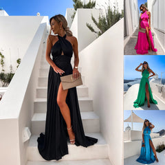 Sophisticated Sleeveless Cross-Halterneck Dress with Waves