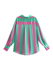 Summer European And American Style Striped Loose Printed Silk Textured Shirt For Women