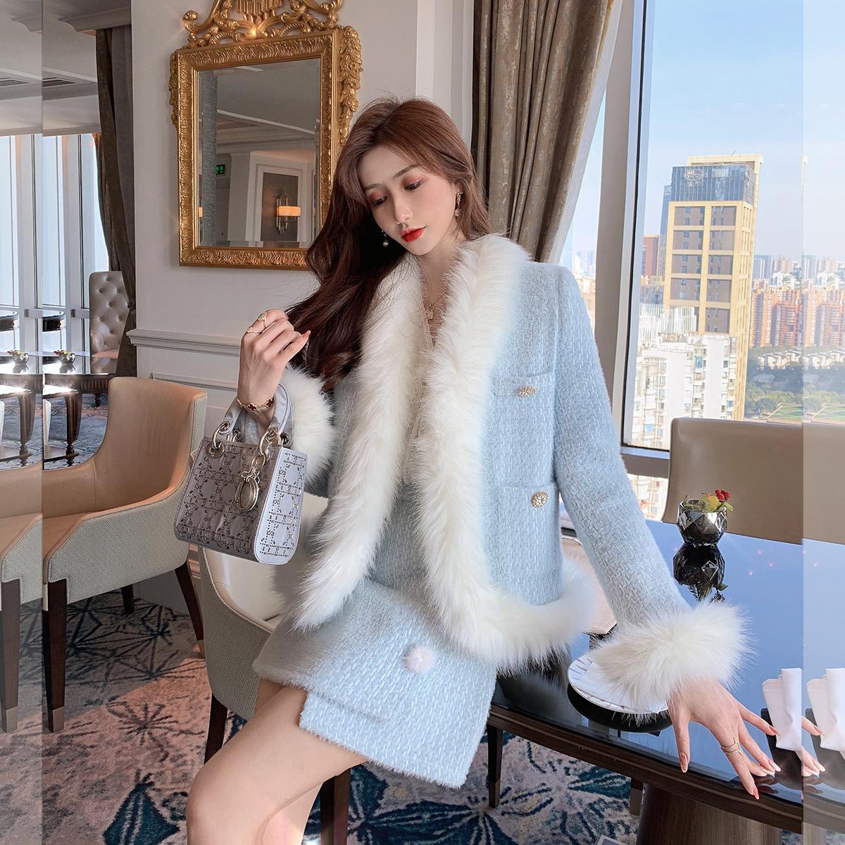 French Irregular Woolen Coat & Skirt Set For Women