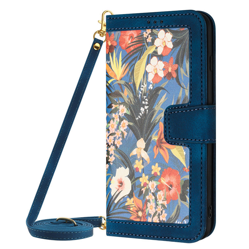 Small Floral Flip Leather Case Lanyard Phone Case