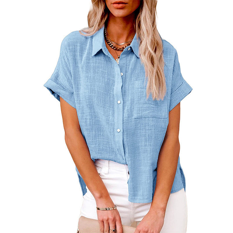 Shirt With Cotton And Linen Pockets And Short Sleeves