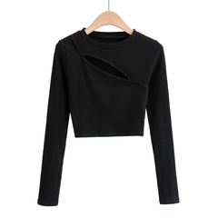 Aproms-Women Ribbed Knit Long Sleeve T-Shirt Sexy Slim Crop Top Women Urban Fashion Black T-Shirt