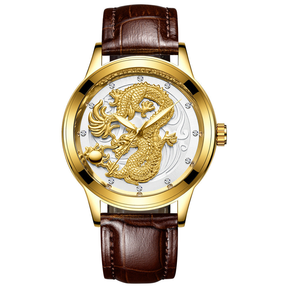Yellow Gold Quartz Dragon And Phoenix Couple Watch Vintage Style