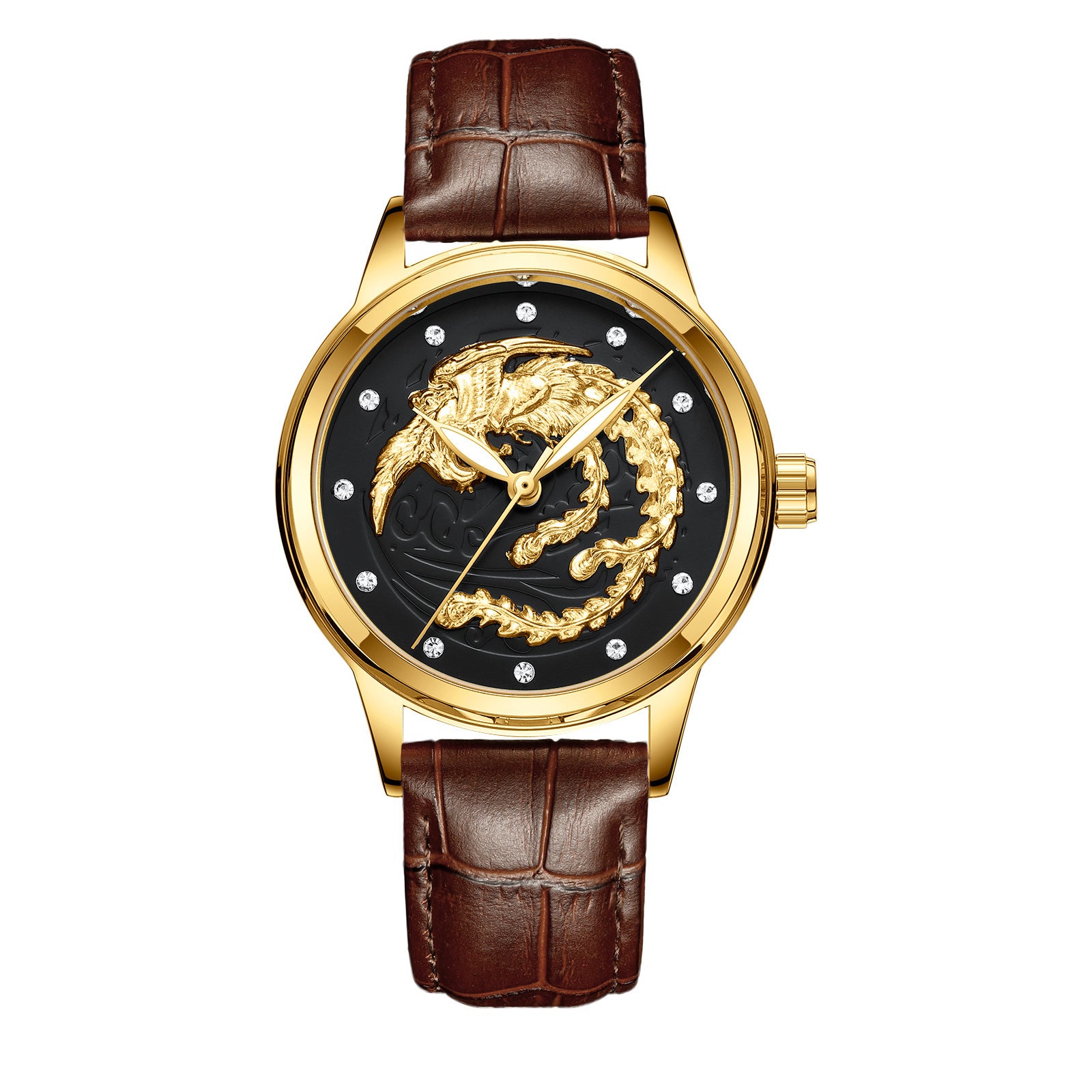 Yellow Gold Quartz Dragon And Phoenix Couple Watch Vintage Style