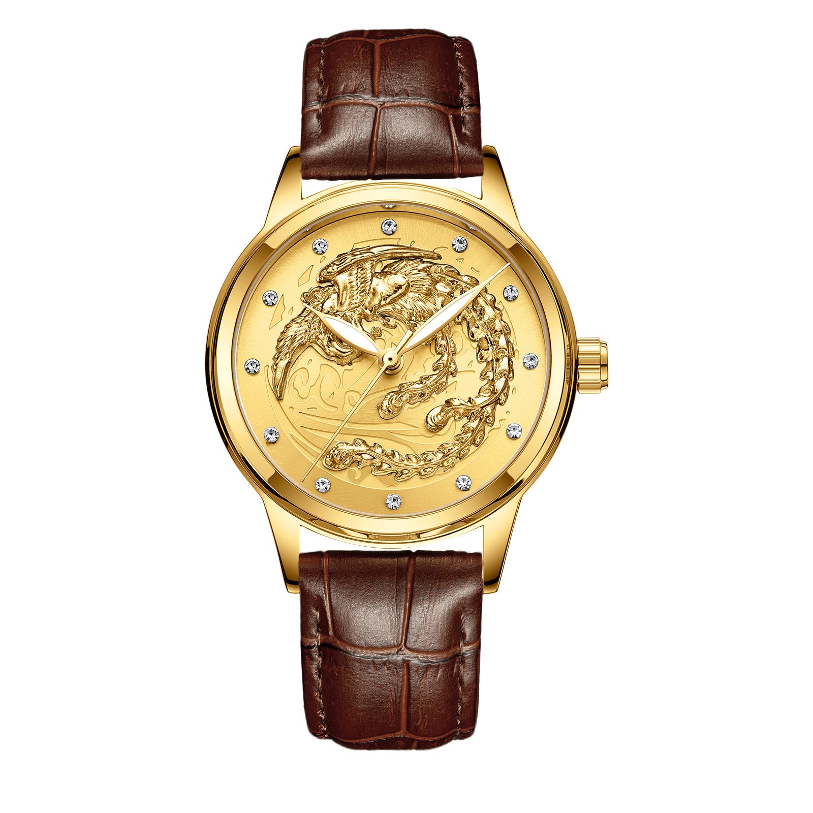 Yellow Gold Quartz Dragon And Phoenix Couple Watch Vintage Style