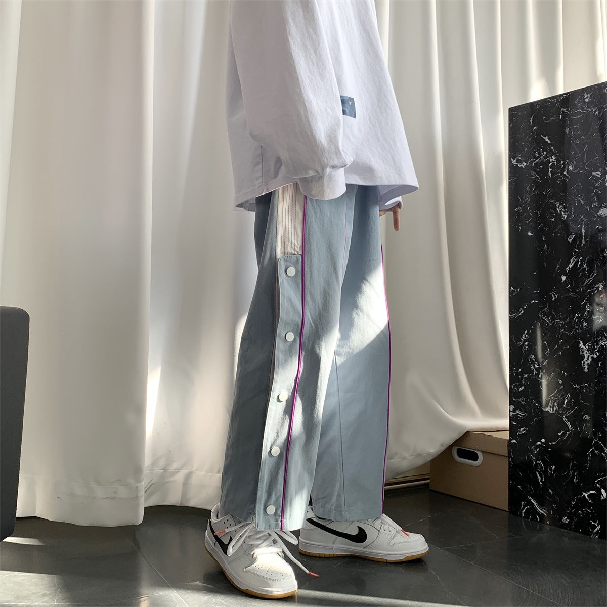 Wide Leg Pants Men'S Korean Fashion Loose Straight Tube Drop Summer Breasted Pants