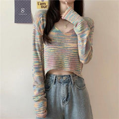 Women Fashion V Neck Tie-dyed Long Sleeve Crop Top