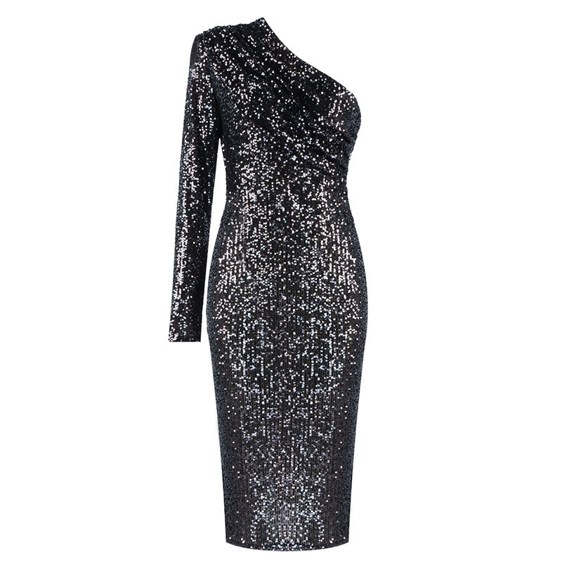 Sparkling Sequin One-Shoulder Dress With Wrapped Chest Nightclub Wear