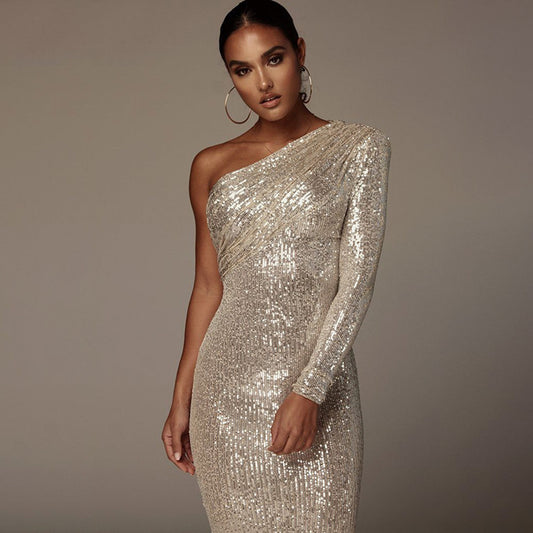 Sparkling Sequin One-Shoulder Evening Dress with Wrapped Chest - Nightclub Glamour