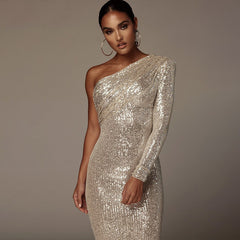 Sparkling Sequin One-Shoulder Dress With Wrapped Chest Nightclub Wear