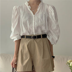 Sweet Ruffled V-neck Solid Color Top