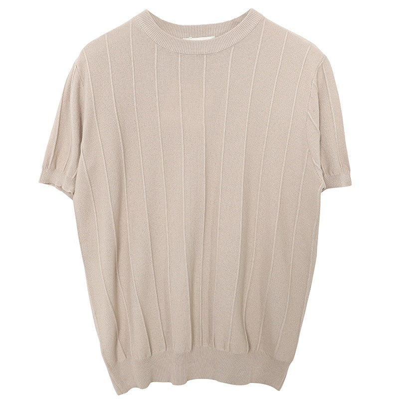 Ice Silk Knitted White Round Neck T-shirt Men's Short Sleeve