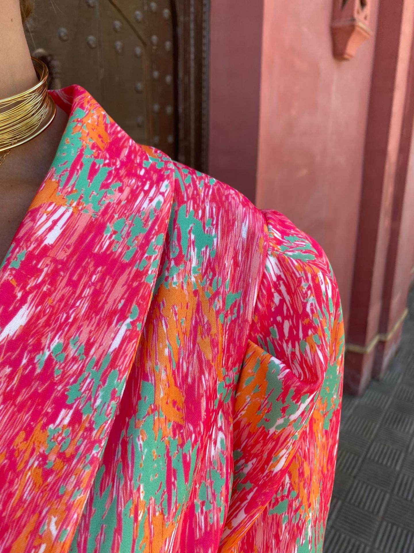 Deep V-neck Puff Sleeve Printed Belt Jumpsuit
