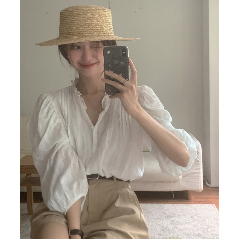 Sweet Ruffled V-neck Solid Color Top
