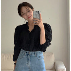 Sweet Ruffled V-neck Solid Color Top