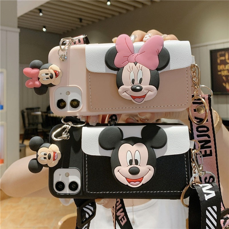Foreign Trade Applicable 14pro Phone Case 13 Lying Card Holder Cartoon Crossbody Rope