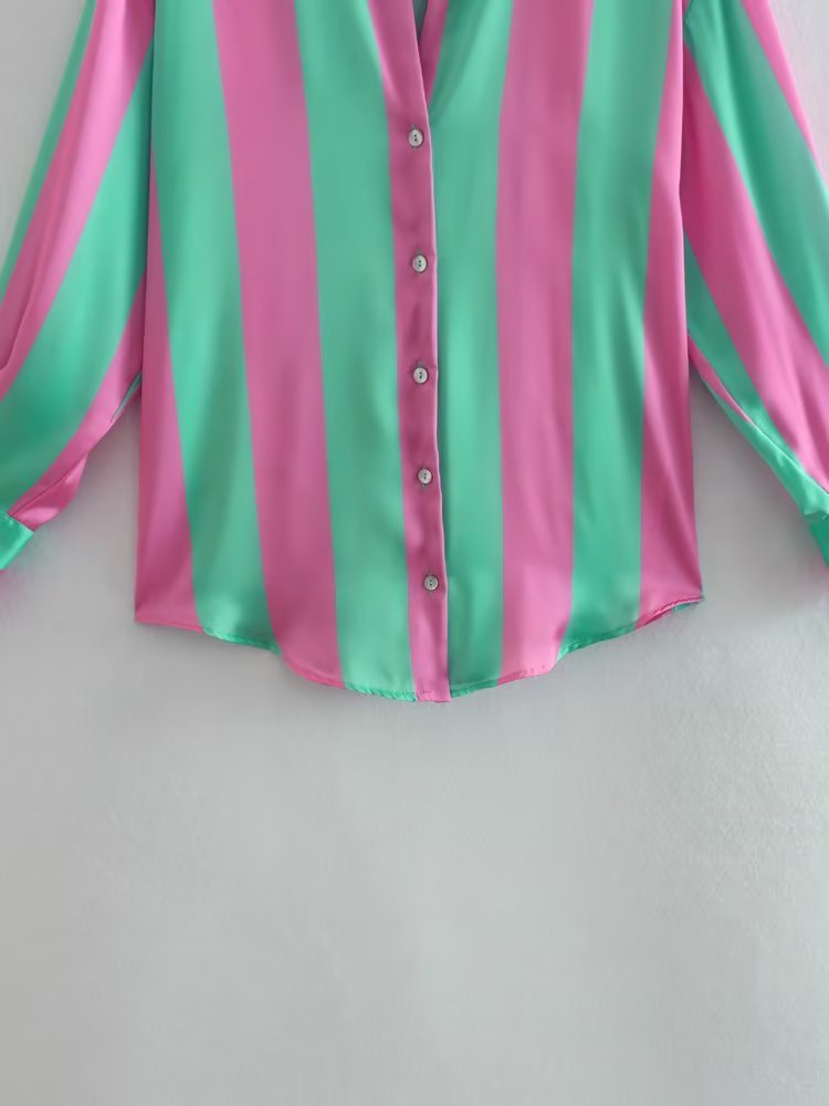 Summer European And American Style Striped Loose Printed Silk Textured Shirt For Women