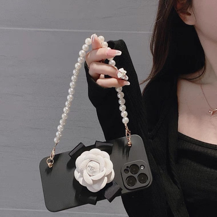 Temperament Camellia Pearl Chain Phone Case Soft Shell