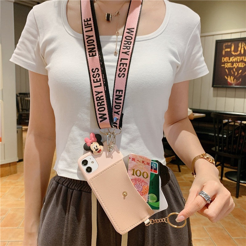 Foreign Trade Applicable 14pro Phone Case 13 Lying Card Holder Cartoon Crossbody Rope