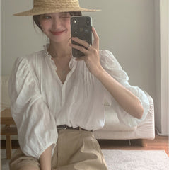 Sweet Ruffled V-neck Solid Color Top