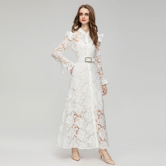 Stand Collar Single-breasted Flared Long Sleeve Dress