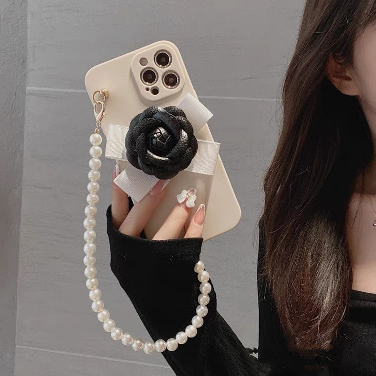 Temperament Camellia Pearl Chain Phone Case Soft Shell