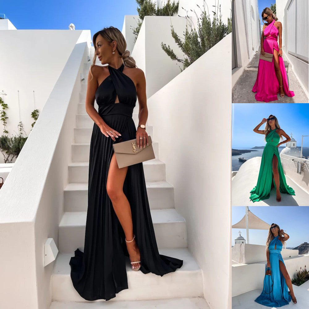 Sophisticated Sleeveless Cross-Halterneck Dress with Waves