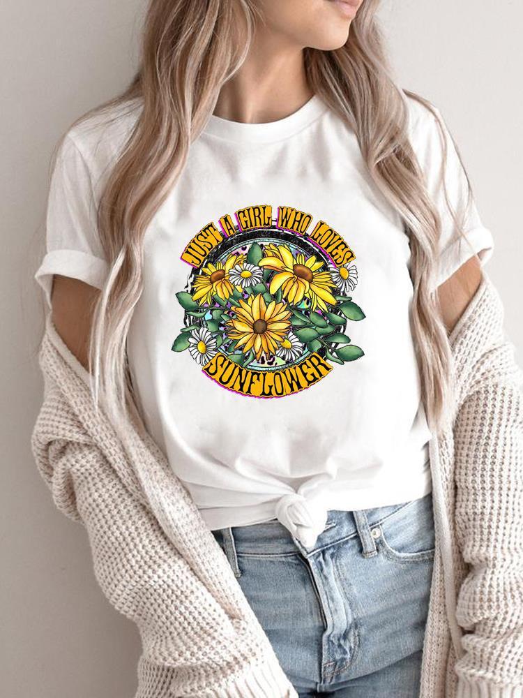 Cute Women's Flower Print Short-sleeved T-shirt